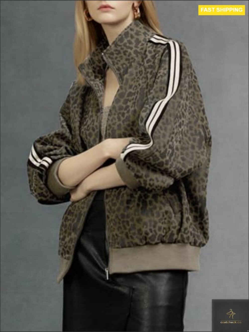 Leopard Print Faux Leather Jacket Zip Up Lightweight Casual Coat Spring - Picture 2 of 6